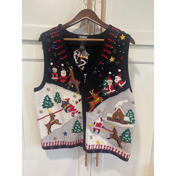 Vintage Santa Christmas vest embellished 90’s ugly holiday beaded cotton ramie - Picture 1 of 7